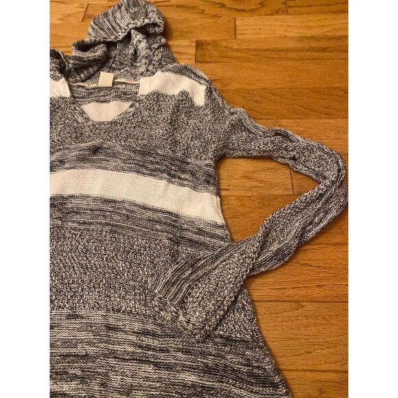 Roxy womens grey white striped v-neck hooded lightweight knit pullover sweater M - Picture 2 of 7